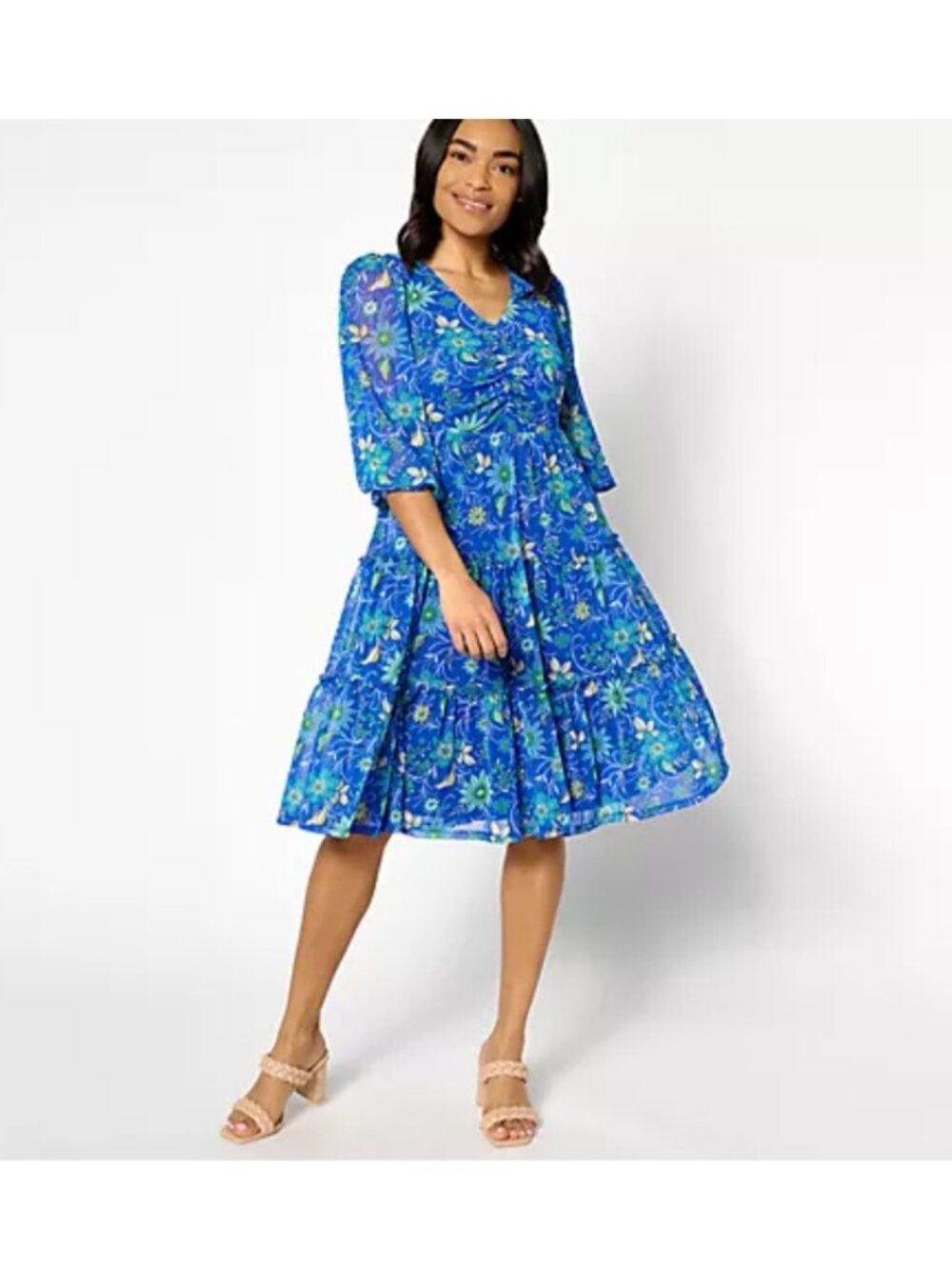 Susan Graver Women Dress sz 2XP Petite Printed Mesh V-Neck Tiered Blue A638815